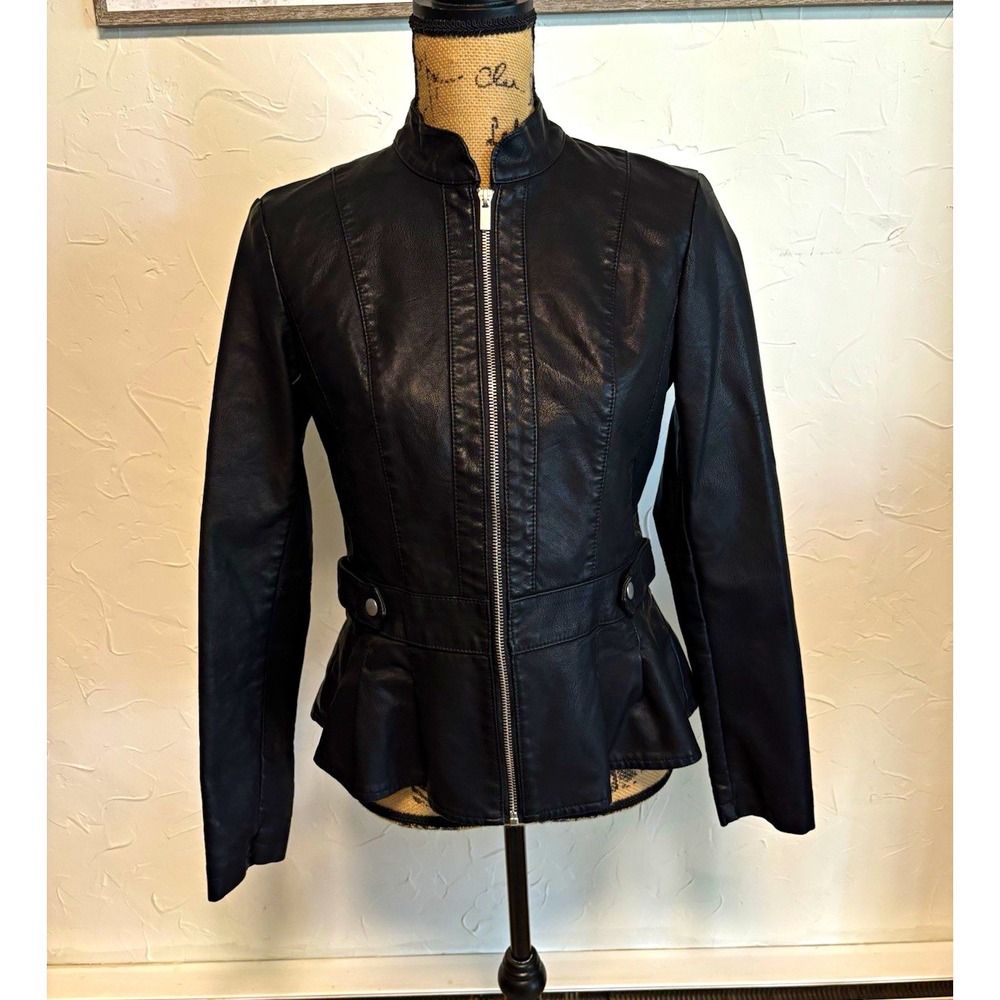 BACCINI Womens Small Black Faux Leather Moto Jacket Peplum Biker Y2K Fitted